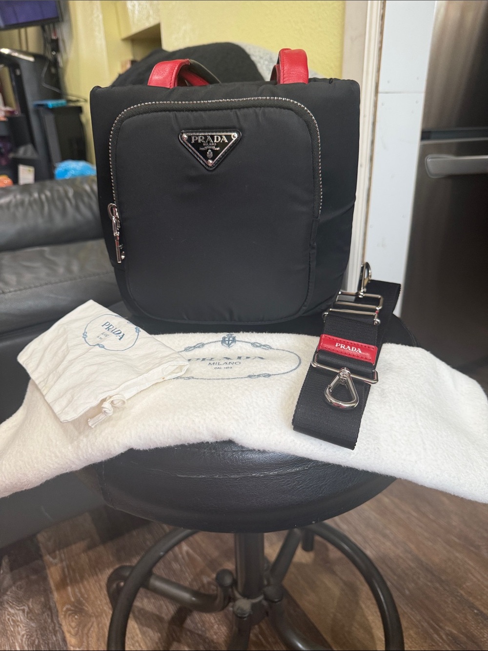 Prada Black Nylon Messenger Bag with Red Accents